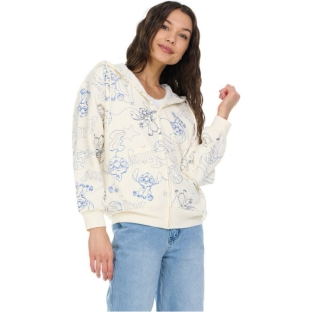 Disney Stitch Full Zip Hoodie Embroidered Graphic Print Cream‎ Size Small NWT